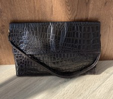 Phase Eight Black Leather Mock Croc Print Rectangular Medium Envelope Style Bag
