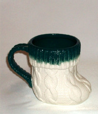 Anthropologie  Cable Knit Sweater Style Ceramic Boot Sock Mug White & Green