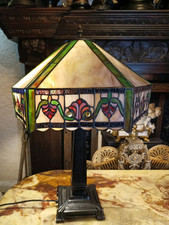 Large Tiffany Style 26.5" Meta Base  Two Light  Table Lamp With art Deco  Shade