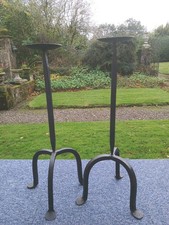 A Large Pair Of Heavy Handmade Wrought Iron Candlesticks Gothic Medieval Style