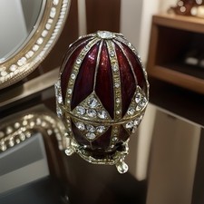 Russian Faberge Red Egg Replica with Gold Lines and Gems On Stand