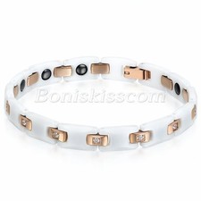 Couples White Ceramic Rose Gold Tone Stainless Steel CZ Health Chain Bracelet
