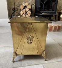 Antique Brass Arts & Crafts Art Deco Square Coal Bucket Box + Liner Original