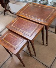 Vintage Walnut & Leather Inlaid Top Nest of 3 Tables A/F