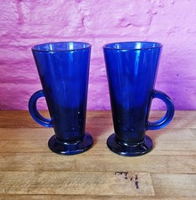 Set of 2 Cobalt Blue Glass Irish Coffee Mugs Vintage Retro VGC Kitchen Gift Idea