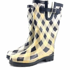 Blue Argyle Plaid Rain Boots Women Size 6 Cosmetic Defects SideBuckle Waterproof