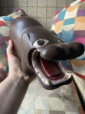 Vintage Hand Carved Wooden Hippo Ornament Hand Painted details 