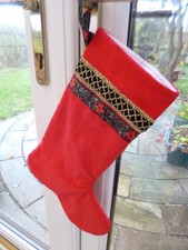 HANDMADE ZIPPED CHRISTMAS STOCKING RED CORD FABRIC BRAID RIBBON TRIM 37 x 26 CM