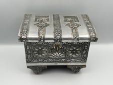 Vintage Aluminium Indian Embossed Jewellery Box on Wheels, 16 cm h x 23 cm long.