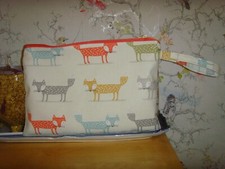 CLUTCH BAG FOX PRINT COTTON  CHECK  WOOL MIX  zip purse 30cm x 20cm  WRIST STRAP