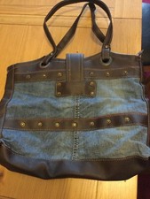  LARGE FAUX  BROWN BLUE SHOULDER TOTE BAG  check pattern inside