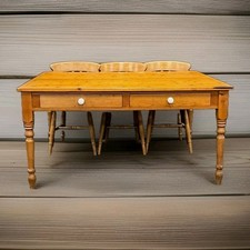 Victorian Pine Farmhouse Kitchen Table with 6 Lath Back Pine Chairs 