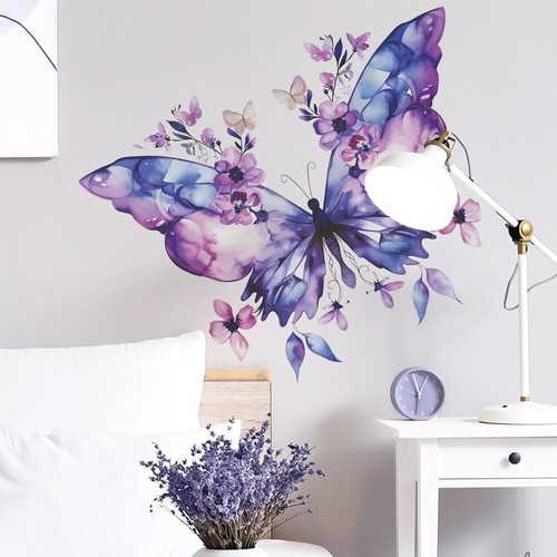 Purple butterfly flowers wall - butterfly,