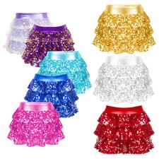 Girls Sequins Tiered Skirt Kids Metallic Glitter Party Dance Culottes Dancewear