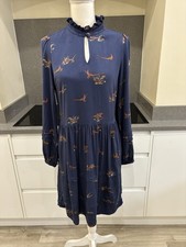 Joules Navy Pheasant Print Frill Neck Dress UK 8.   (a4)