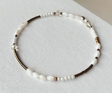 Minimalist Petite White Brown Shell Glass Seed Bead Beaded Friendship Bracelet