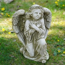 Large Kneeling Angel Stone Statue | Outdoor Garden Ornament Cherub Sculpture