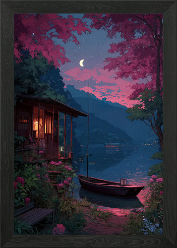 Lakeside cabin night - lakeside,