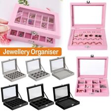 Velvet Glass Jewelry Ring Display Organizer Case Tray Holder Earring Storage Box