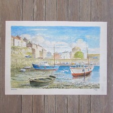 Mevagissey Harbour Cornwall Original painting Signed 9 x 14" Landscape Vintage