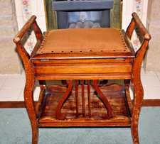Victorian Piano Stool Solid Wooden with Upholstered Seat & Shelf & Music Storage