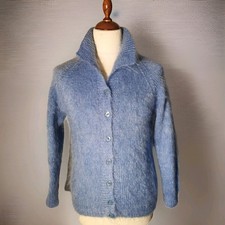 Vintage Ladies Blue Fluffy Mohair  Handmade Cardigan  Size M