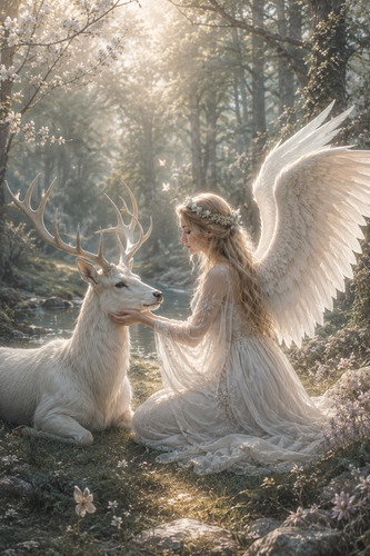 Angel and white stag fantasy - and,