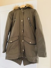 Ladies Parker Coat With Fur Trim Hood. Olive Green