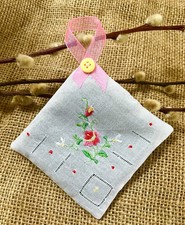 Antique 1930s Hand Embroidered & Tatted Floral Lavender Bag / Sachet