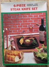 Vintage Stainless Steel 6 Piece Steak Knives and Forks Japan Wooden Handle 