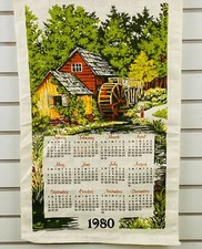 Vintage 1980 Calendar Tea Towel Old Mill Fishing Linen 17x27 For Hanging Display