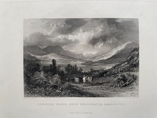 1833 Antique Print: Coniston Water from Nibthwaite, Cumbria after Thomas Allom