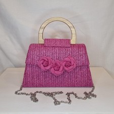 Fuschia Pink Woven Straw Floral Design Wooden Top Handle Embellished Clutch Bag