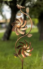 Dual Garden Wind Spinner Metal Stake Bird Ornament Bronze Copper Effect 130cm