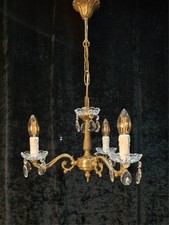 Lovely Vintage French 3 Arm Brass Crystal Chandelier Ceiling Light