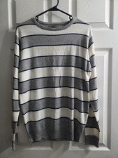 Cedar Wood State Mens Medium Grey White Navy Stripe Long Sleeve Striped Sweater
