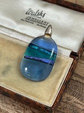 Vintage Blue Dichroic Glass Pendant Sparkly Glittery Oval Polished Frosted