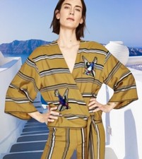 Zara Coord Set Size M Kimono Wrap Top & Trouser Mustard Yellow & Blue Stripe