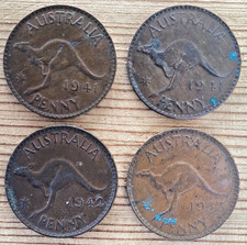 4 George VI Australia One Penny Coins 1941 1942 Perth Mint 1941 1943 Melbourne