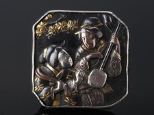 Antique Samurai Japanese Meiji shakudo Geisha gold, silver bronze brooch