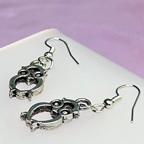 Silver owl pendant earrings - earrings,