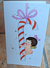 Vintage Used 1960's Angel Cherub Candy Cane Christmas Greeting Card (EB10485)