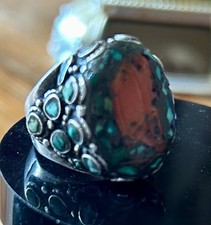Old Coral Handmade silver Ring Inlaid With Turquoise And Turquoise Side  Detail