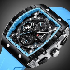 Mens Luxury Sports Watches Chronograph Date Waterproof Rubber Band Tonneau Watch