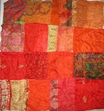 ON Vintage 30 Pcs Recycled Silk Sari Remnants/Fabric 8"X8" Fabric Scraps Orange