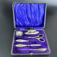 Antique Boxed silver Manicure Set Birmingham 1912 W.V & S gilt wash pot lid 6 pc