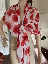 Bold Red Poppy Print Scarf, shawl, extra large 