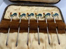 Cocktail Sticks Set Of Six Sterling Silver And Enamel Vintage Boxed Cockerel 