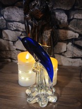 Murano Style Glass Dolphin Riding Wave Art Sculptur Blue H 20 cm