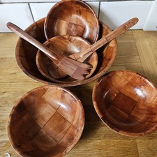 Vintage Retro 70s Wooden Formosa Serving Bowl Set And Utensils